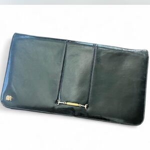 1970s Vintage Black Lottusse Leather Handbag with Gold Horsebit & Lion Crest